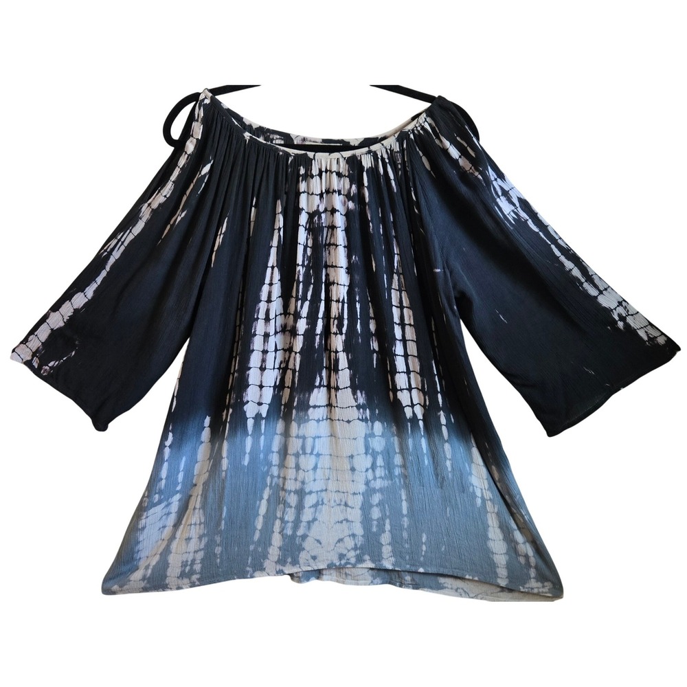 World Market Women M Boho Hippie Blue Black Tie Dye Cold Shoulder Rayon Tunic